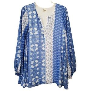 Show Me Your Mumu Jamie Tunic Size Small Split Neck Elastic Cuff Mixed Pattern